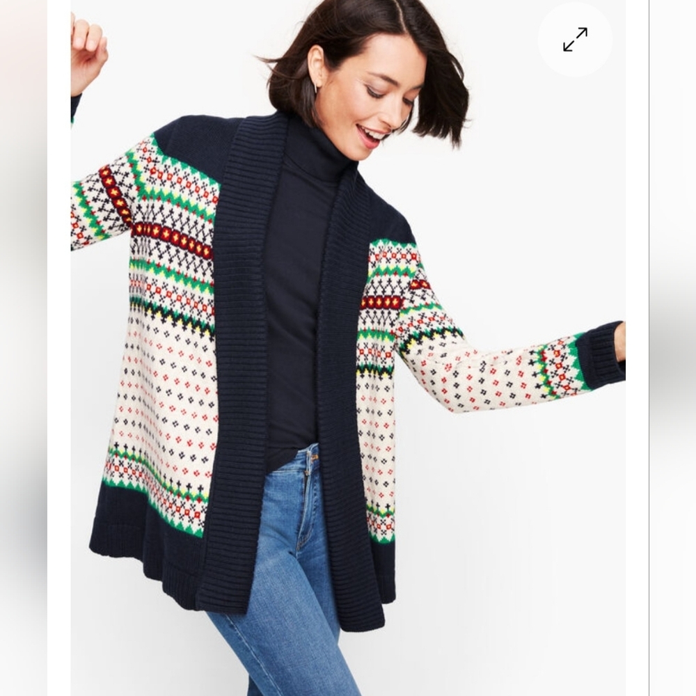Talbots Fair Isle Shawl Collar Open Sweater Size Small Petite Knit Holiday Cozy
